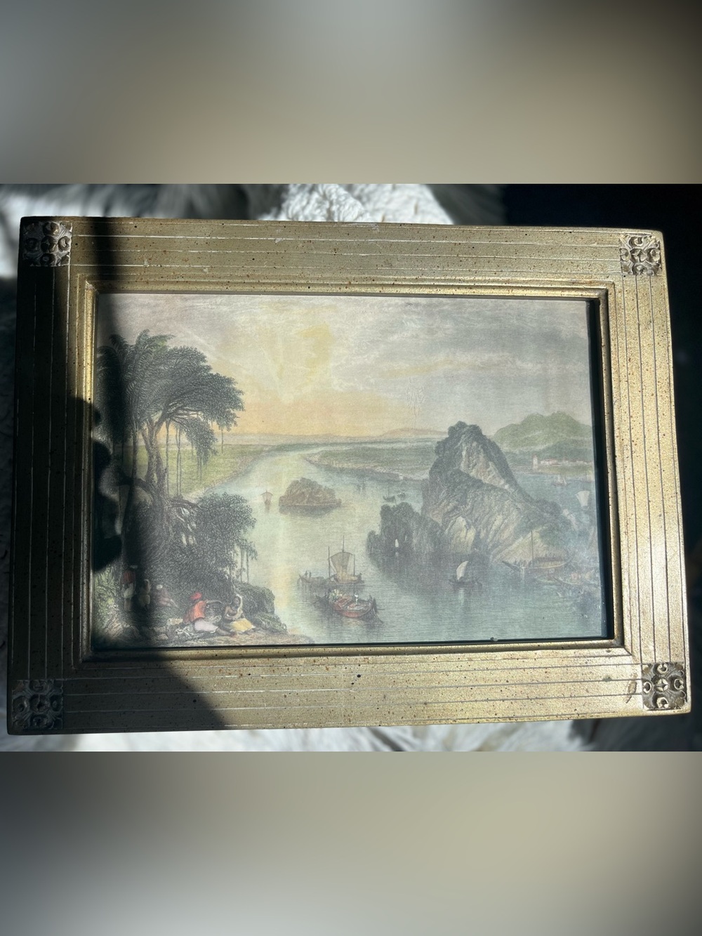 Vintage Coastal Landscape Print in Gold Frame - Muted Pastel Tones By Bombay